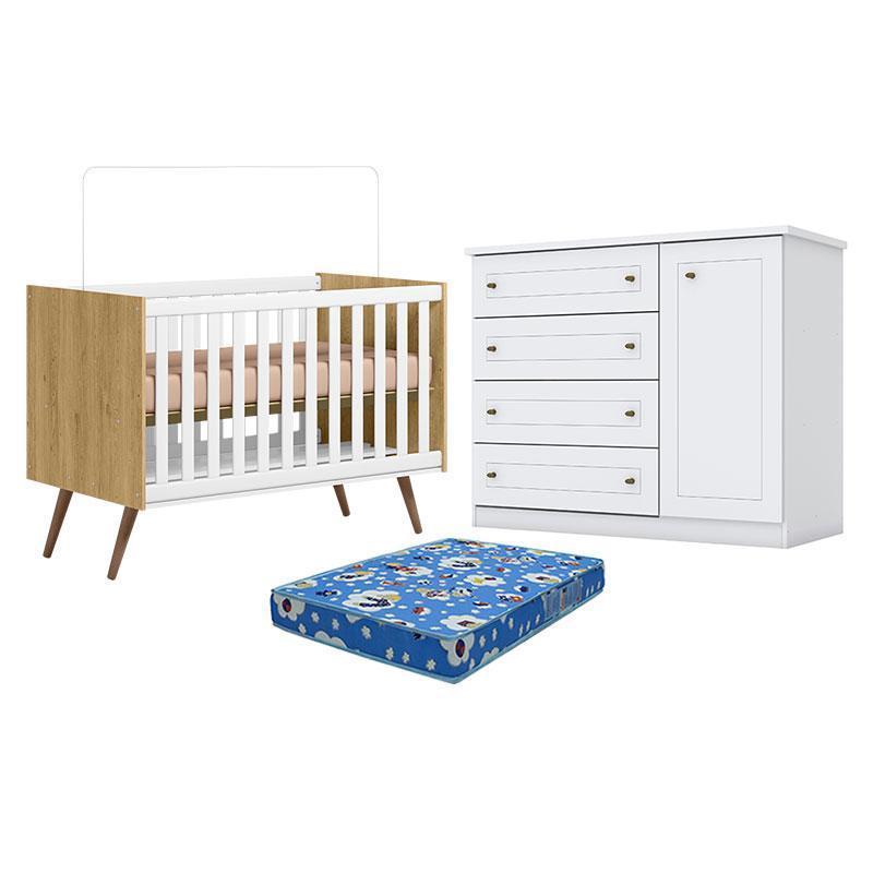 Berço Q Encanto 3820 Retrô Freijó TOQ Branco Acetinado - Qmovi e Cômoda Infantil Branco HP e Colchão Ortobom - Henn