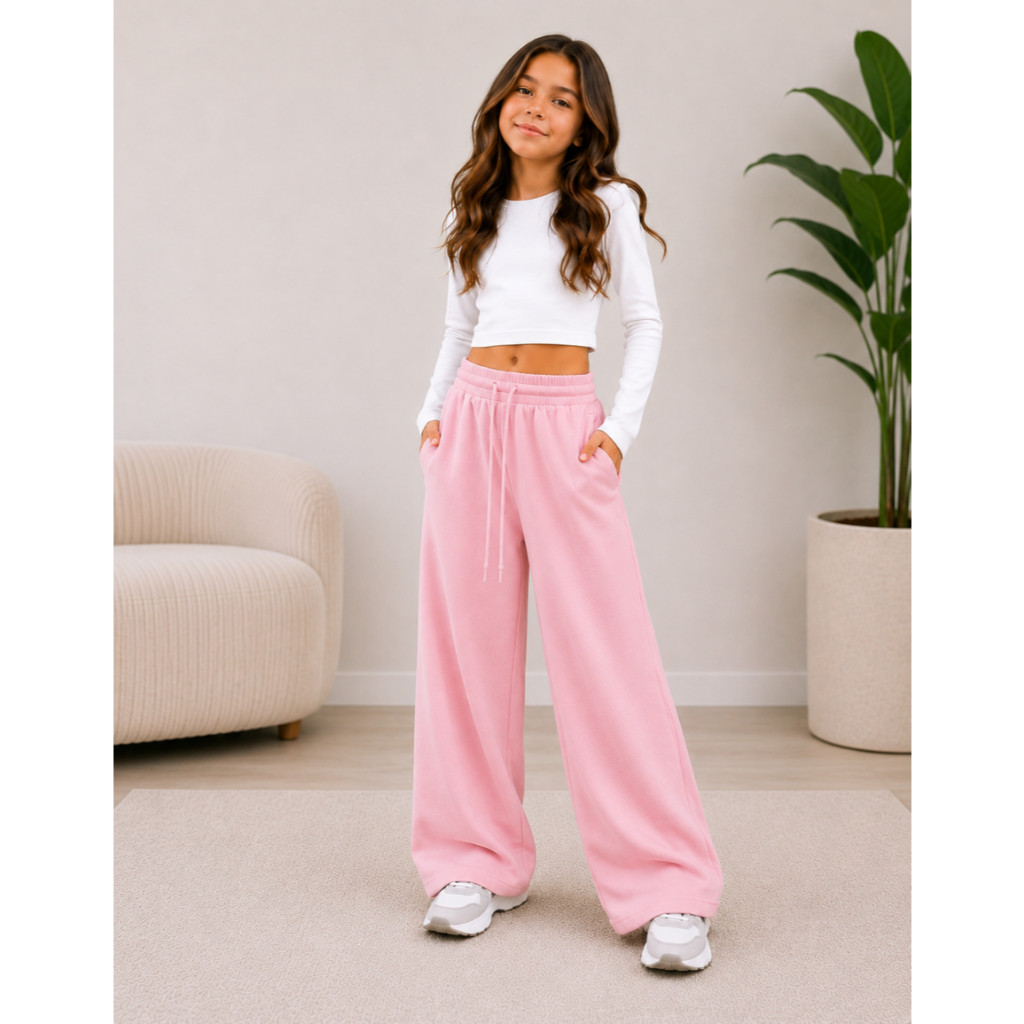 Calça Infantil Moletom Com Bolso Feminina Wide Leg Peluciada Com Bolso Casual Algodão e Cós Elástico