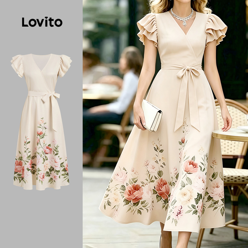 Lovito Vestido Boho com Pregas e Estampa com Cinto para Mulheres Primavera/Verão LK6ED300