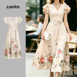 Lovito Vestido Boho com Pregas e Estampa com Cinto para Mulheres Primavera/Verão LK6ED300