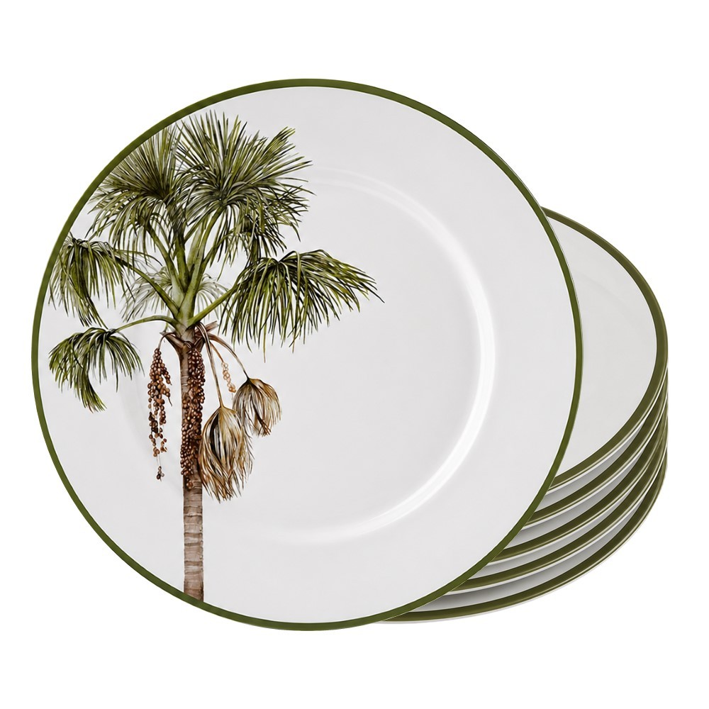 Jogo 6 Prato Raso de Cerâmica Branco Tropical Malibu Coqueiro Palm 29cm Alleanza