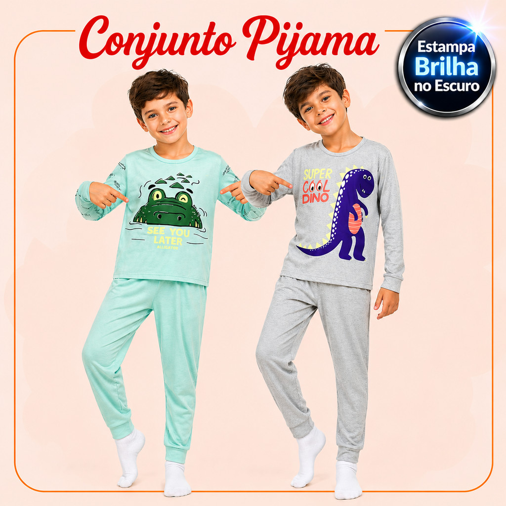 Conjunto Pijama Brilha no Escuro Manga Longa Menino Infantil Estampa Brilhante Inverno Malha Levinha