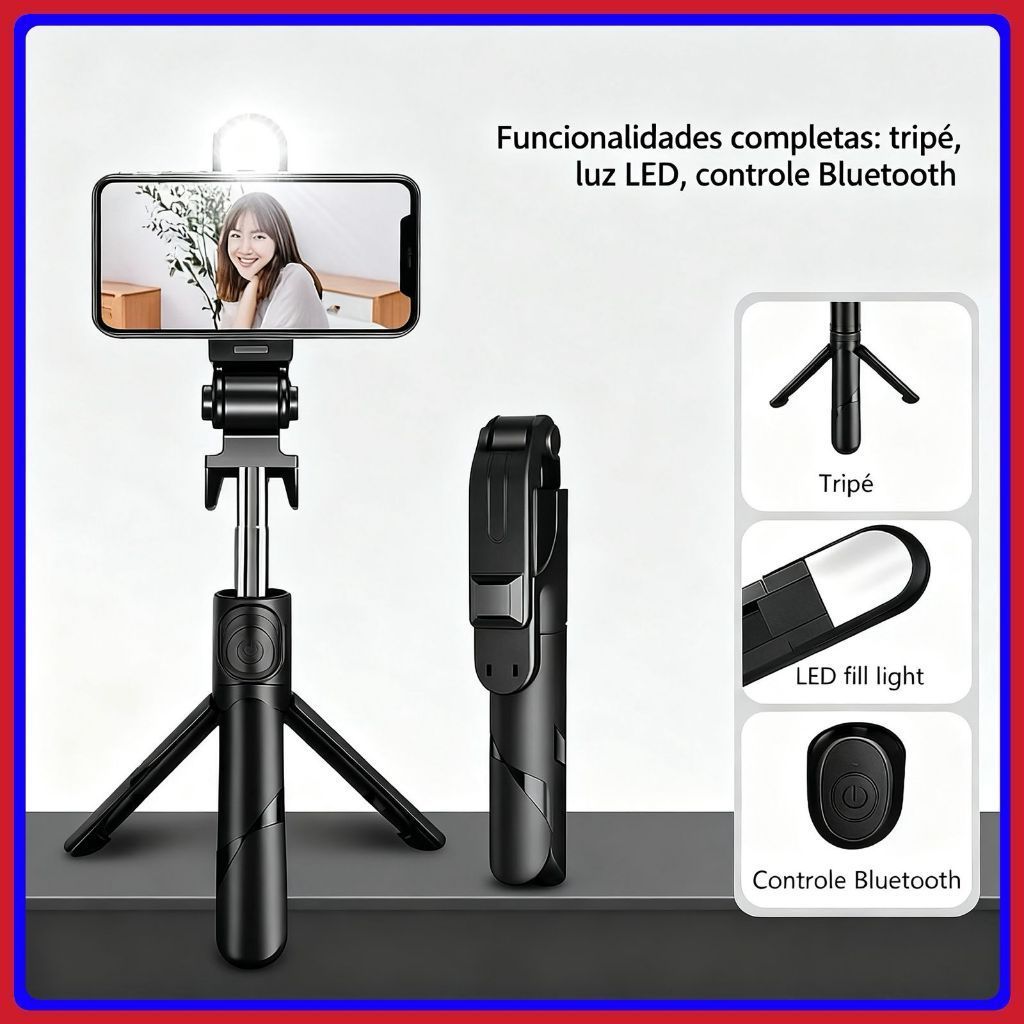 Selfie Stick Tripé com Luz LED e com Controle Bluetooth, Extensível - Ideal para Reels, Vlogs e Fotos