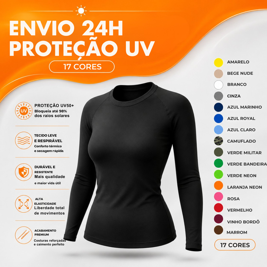 Camiseta Térmica Feminina Manga Longa Proteção UV 50+ Ideal Para Treinar Segunda Pele Com Proteção Solar Lisa