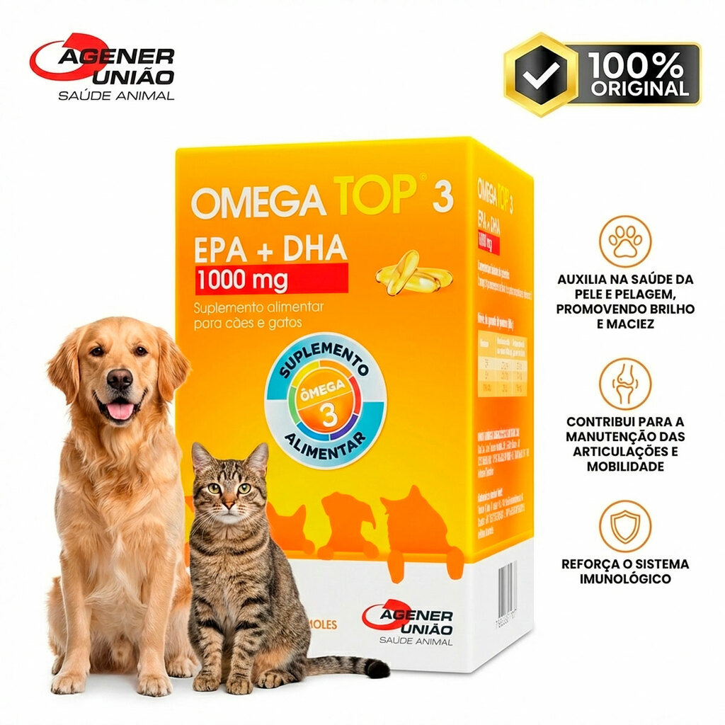 Omega Top 3 Agener União 1000mg Suplemento Óleo De Peixe 40 Cápsulas Cães E Gatos