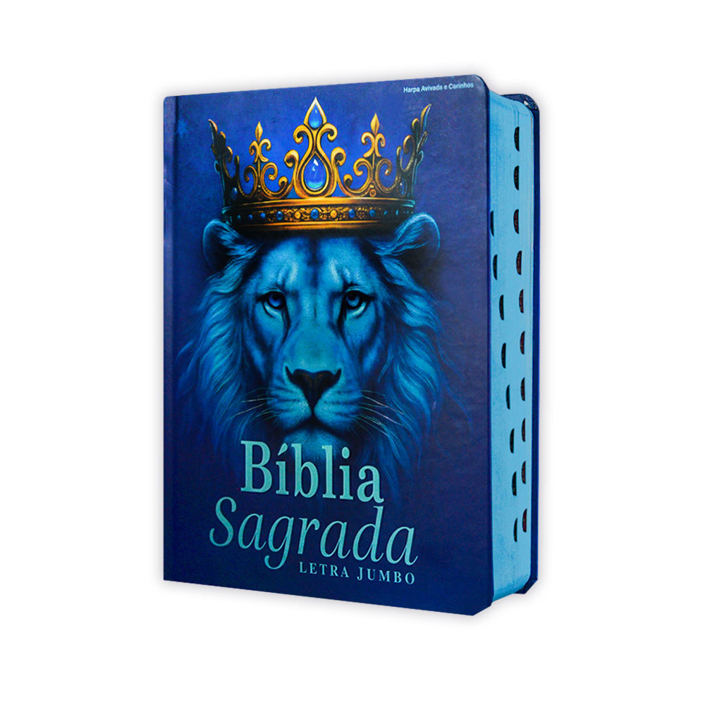 Bíblia Sagrada Letra Jumbo Leão Azul Real com Harpa e Índice Bíblico