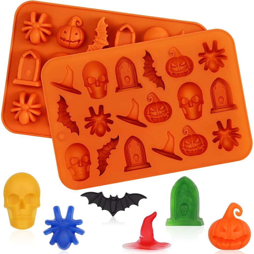 Conjunto de 2 Moldes de Silicone para Halloween, Moldes de Chocolate para Halloween, Molde 3D de Aranha, Caveira, Abóbor