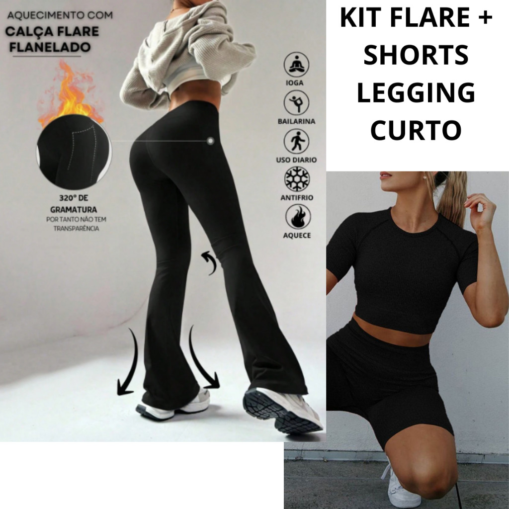 Kit Legging Leg Flare + SHORTS LEGGING Feminina Boca de Sino Bailarina Suplex Levanta Bumbum