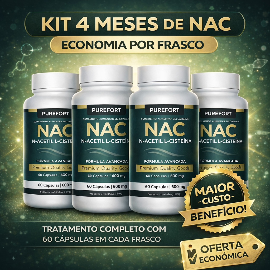 Kit Biohacker 4 Frascos NAC 600mg – N-Acetilcisteína | Precursor da Glutationa | Imunidade & Fígado Saudável 240 Caps