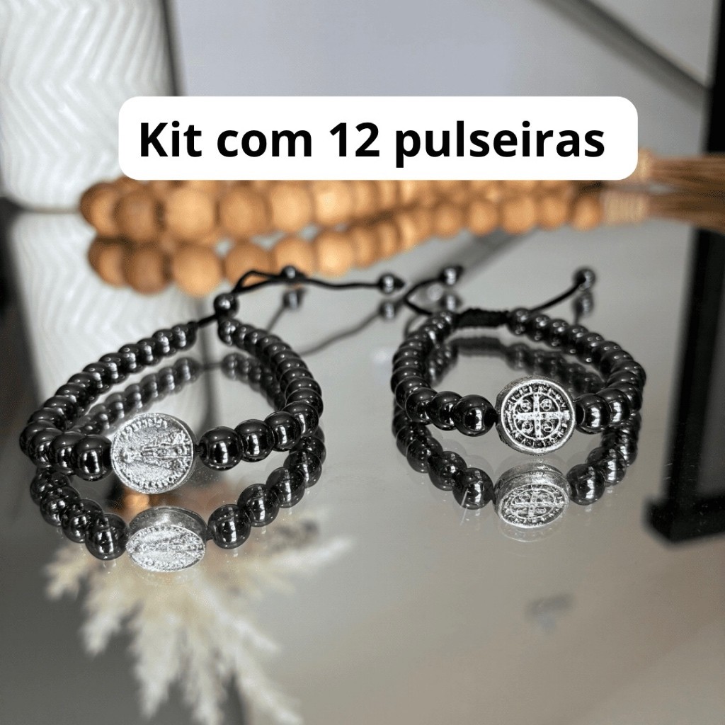 Kit Pulseiras De Hematita de São Bento Nossa Senhora Aparecida Atacado Regulável Kit Revenda Com 6/12
