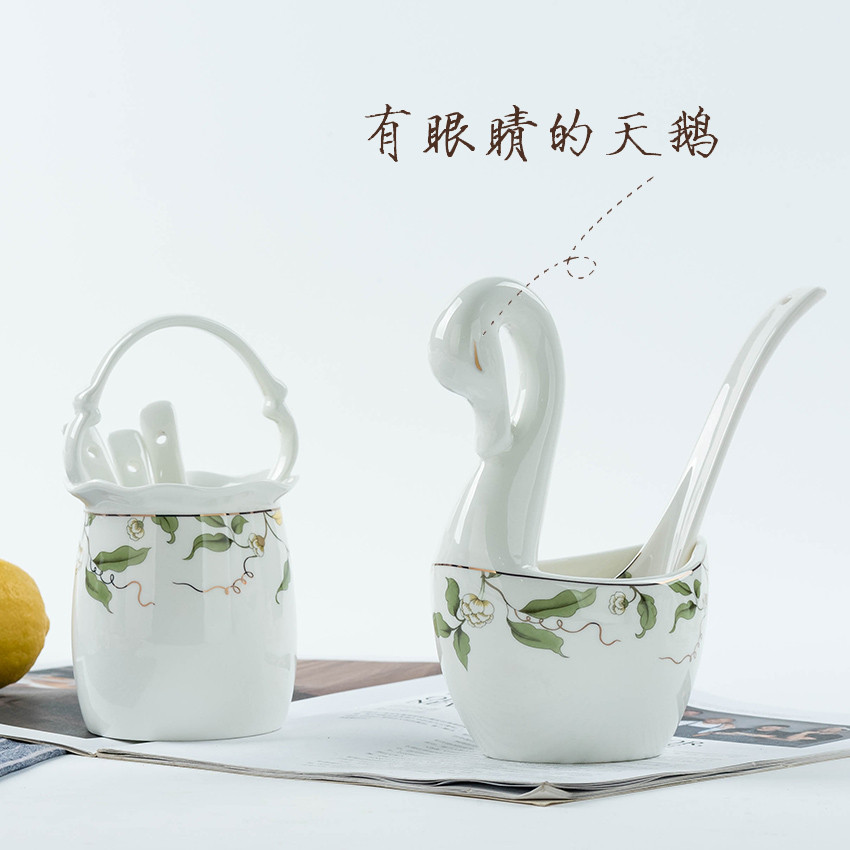 Jin Lanyu Tangshan Bone China Faca Garfo Armazenamento Cesta de flores Gaiola de colher pequena Cisne Caixa de colher gr