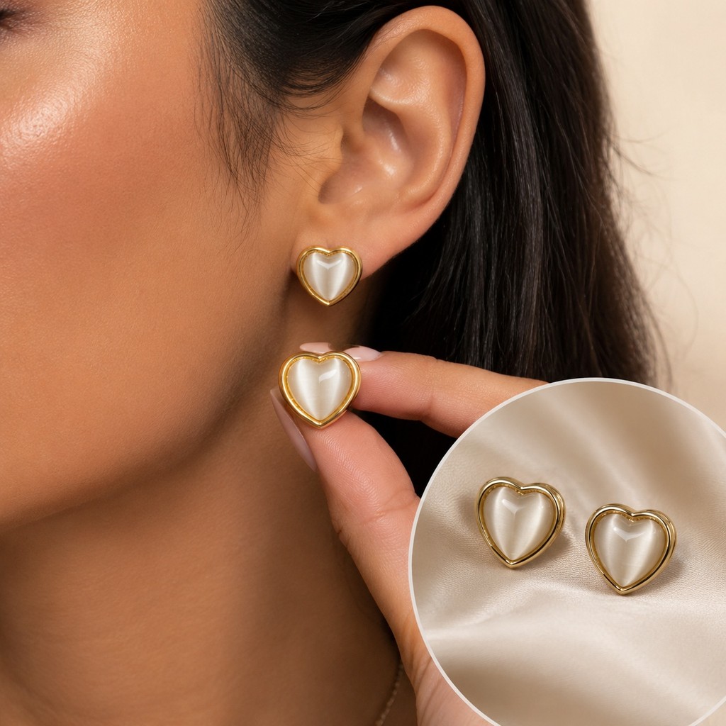 Brinco Coração Dourado Pedra Leitosa Feminino Madrepérola Elegante Presente Namorada Leve Brilho Suave