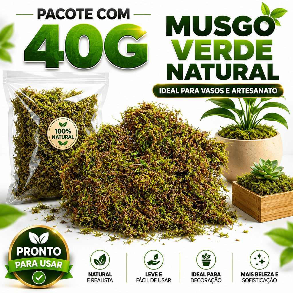 Musgo Verde Natural 40g para Artesanato Decoração de Vasos Flores Paisagismo