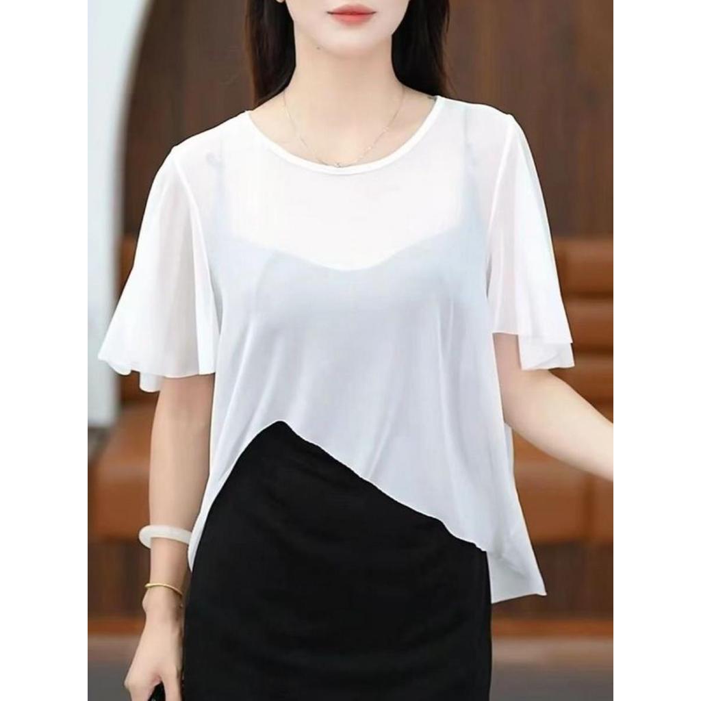 Pescoço redondo verão nobre mãe gelo seda Chiffon camisa Mid-Pullover blusa topo feminino fino-ajuste olhar jovem All-ma