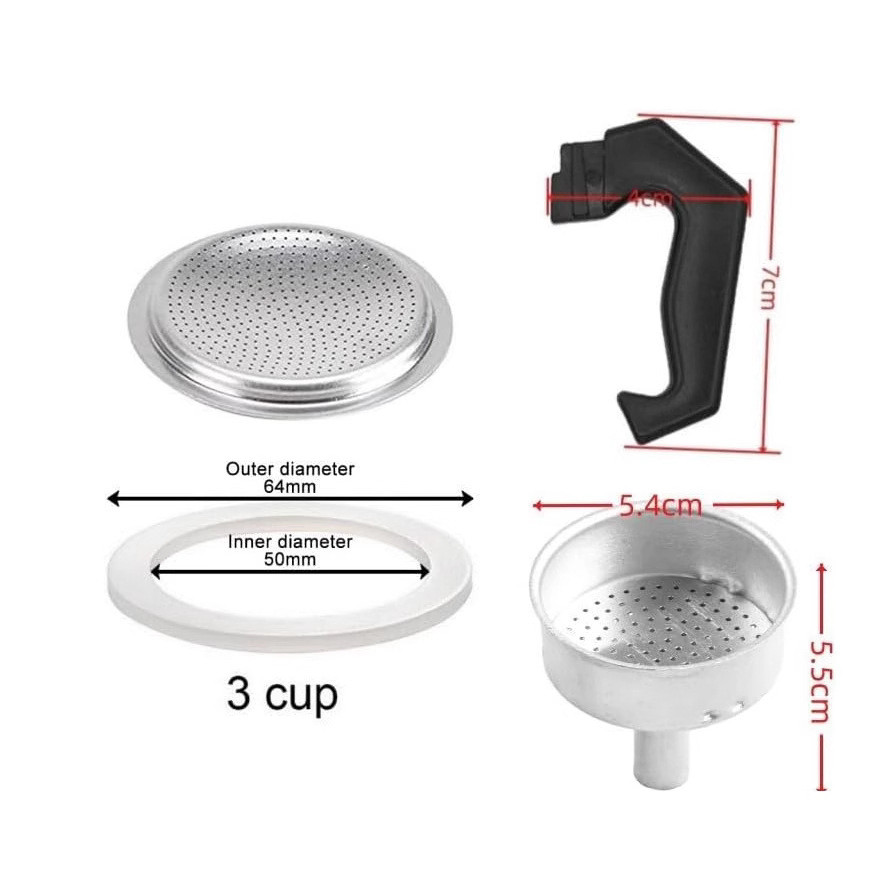 Acessórios para pote Moka de alumínio, Slot para pó, anel de borracha, alça de filtro, acessórios, 3 copos