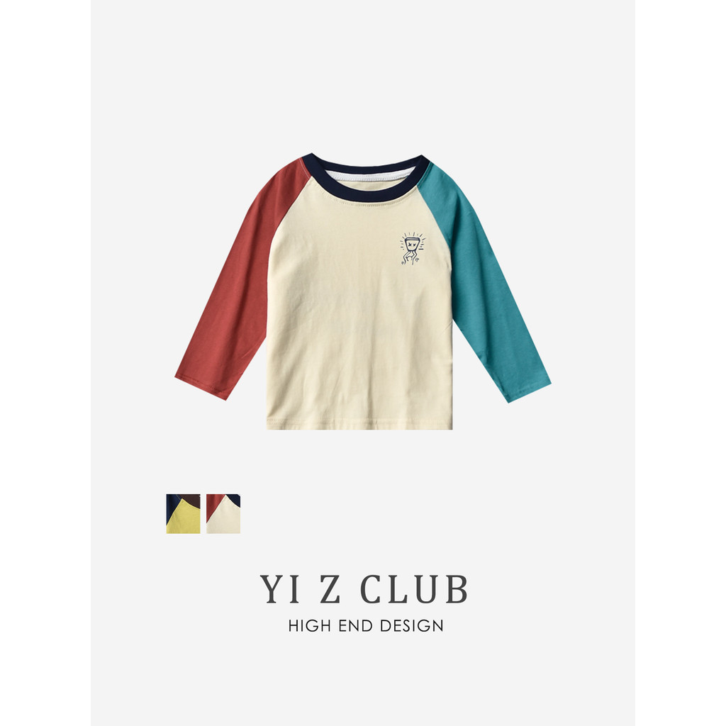 Yi Z CLUB Moda Carta Impressa Algodão Puro Contraste Cor Em Torno Do Pescoço Manga Comprida Camiseta Outono Inverno Meni