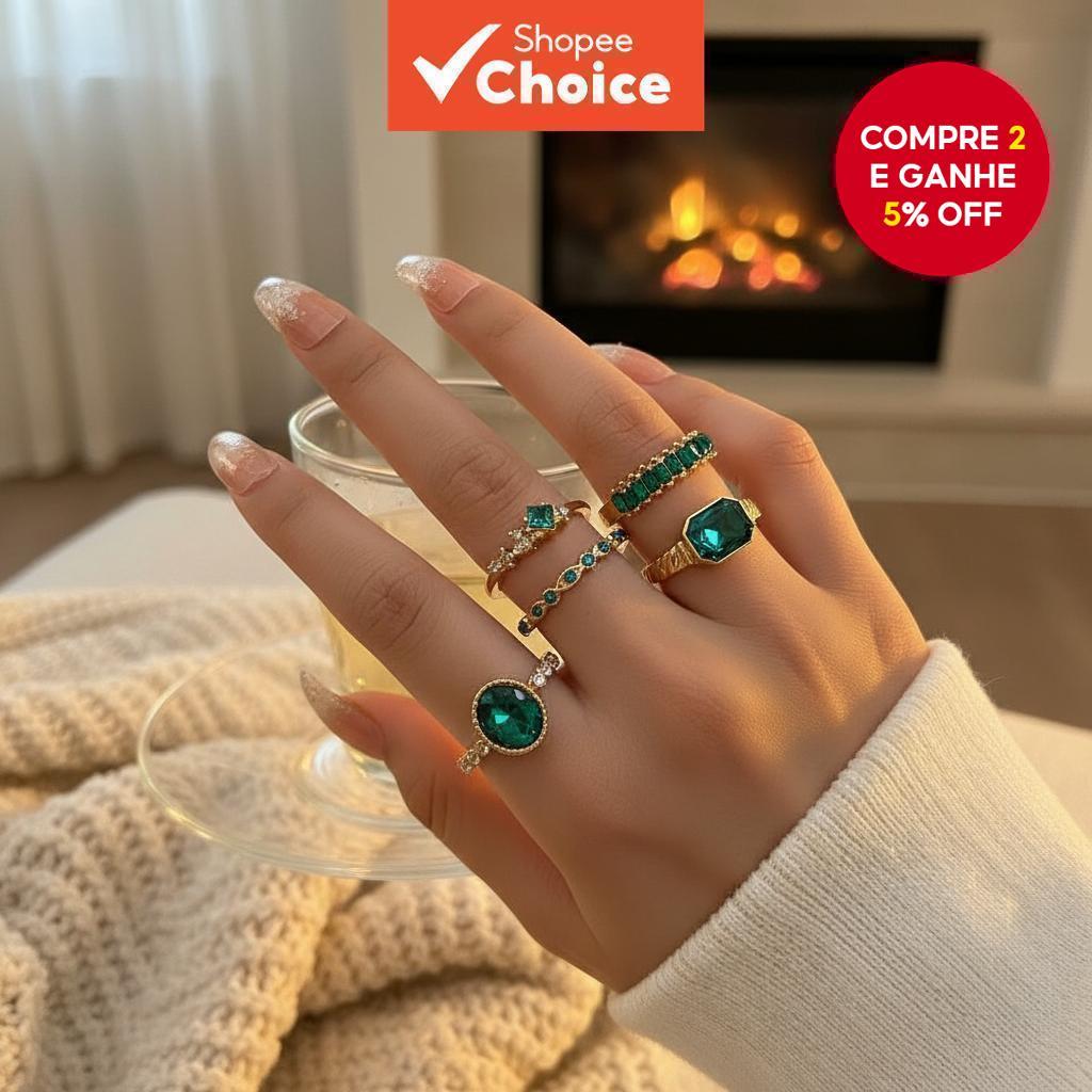 Conjunto de Anéis Ovais Retrô com Diamantes Esmeralda 5 Criativos Joias Européias Americanas