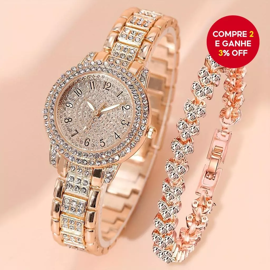 Conjunto De Joias Com Relógio De Pulso Feminino De Quartzo E Bracelete De Diamante Completo - 2 Peças — imagem 1