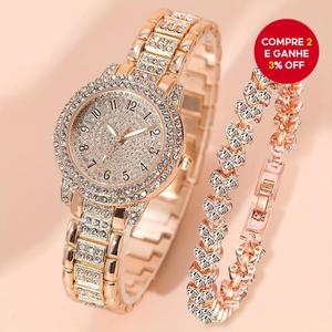 Conjunto De Joias Com Relógio De Pulso Feminino De Quartzo E Bracelete De Diamante Completo - 2 Peças