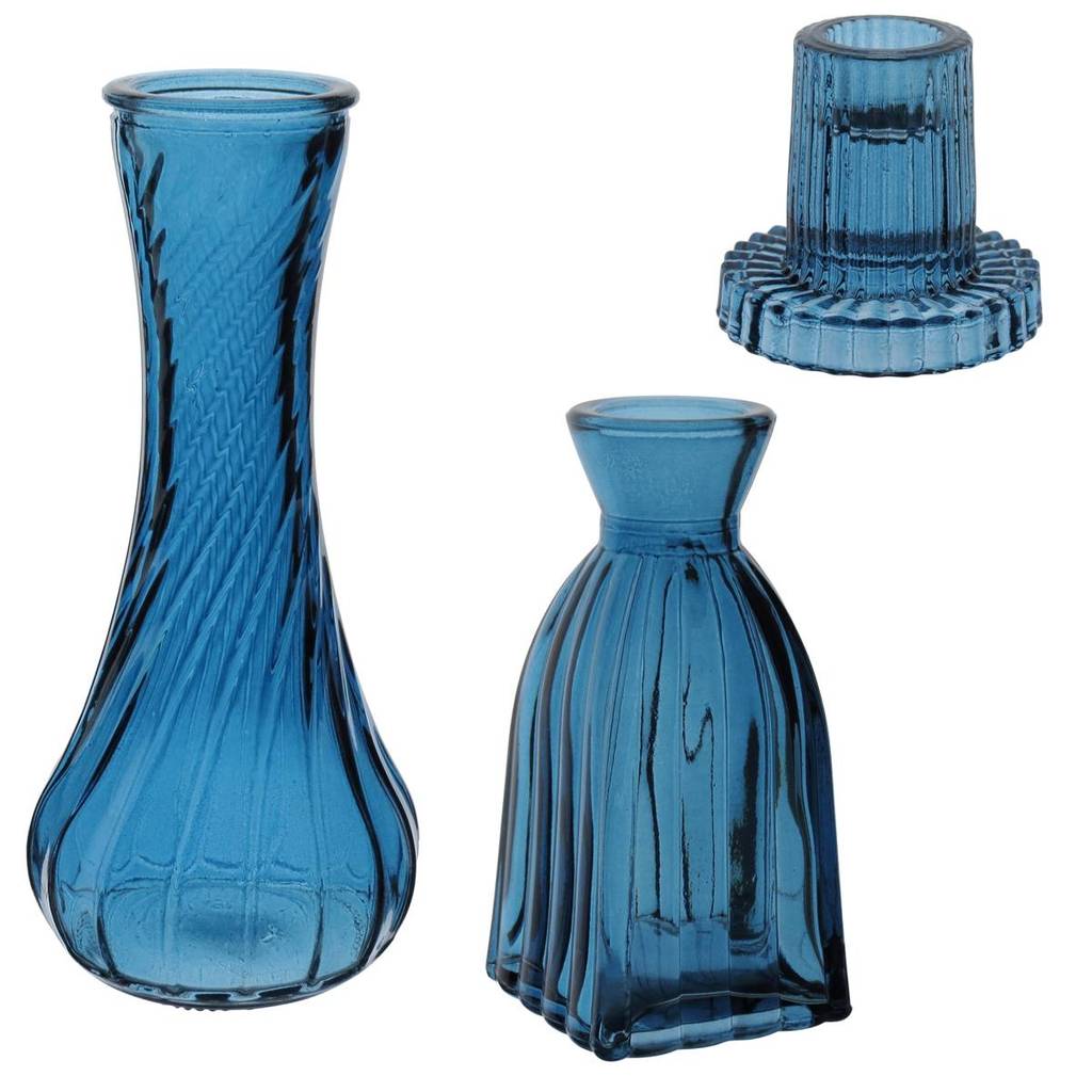 KIT 2 VASOS VASINHOS GARRAFA E 1 CASTIÇAL PORTA VELA HOME&CO VIDRO AZUL DECORATIVO