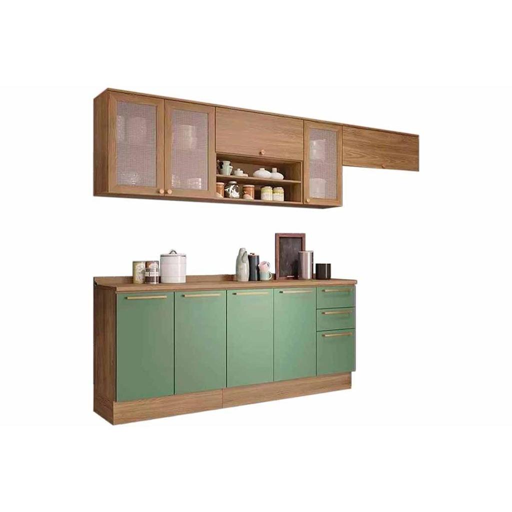 Cozinha Completa Botanic 7 Peças (3 Armários + 2 Balcões + 2 Complemento) M656 Nogueira/Verde Oliva - Kappesberg