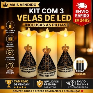 Kit Vela LED Nossa Senhora Aparecida 1, 2 ou 3 Unidades | Luz com efeito de chama realista - INCLUSO A PILHA