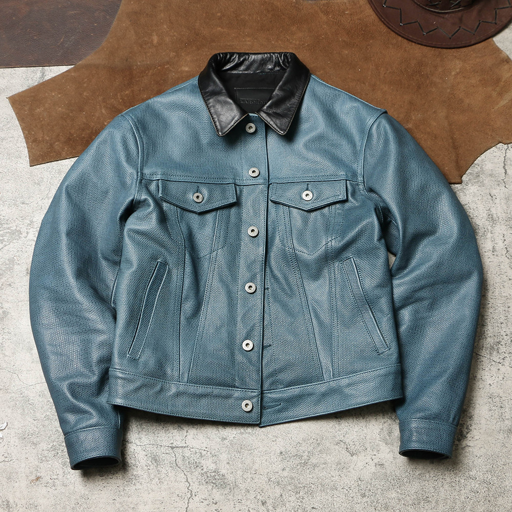 Jaqueta de couro Cargo estilo jeans 507, Ultra curta, Slim fit, jaqueta de couro genuíno, simulação de lona falsa, jaque