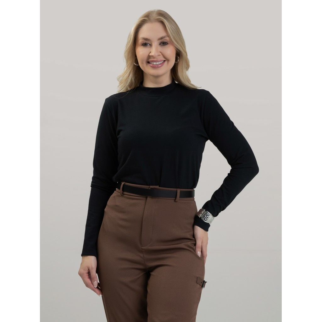 Blusa Feminina em Cotton Premium Gola Alta com Manga Longa Lisa Nina Preto Frio Inverno Estilosa