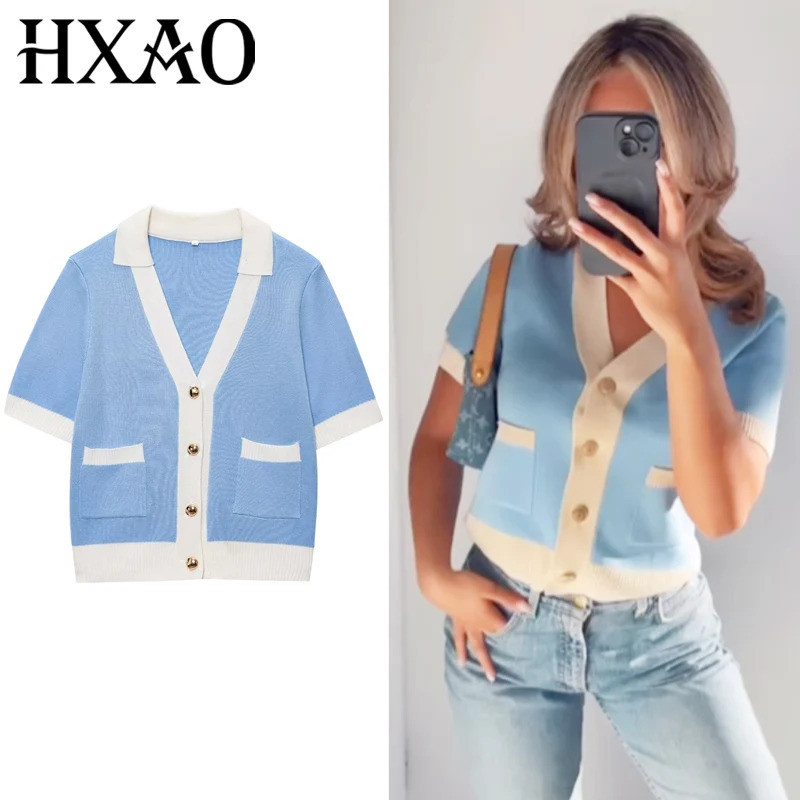 HXAO 2025 Cardigã de Malha Curto Feminino, Suéter de Verão, Malha Azul, Manga Curta, Casaco com Botões, Suéteres Fofos e