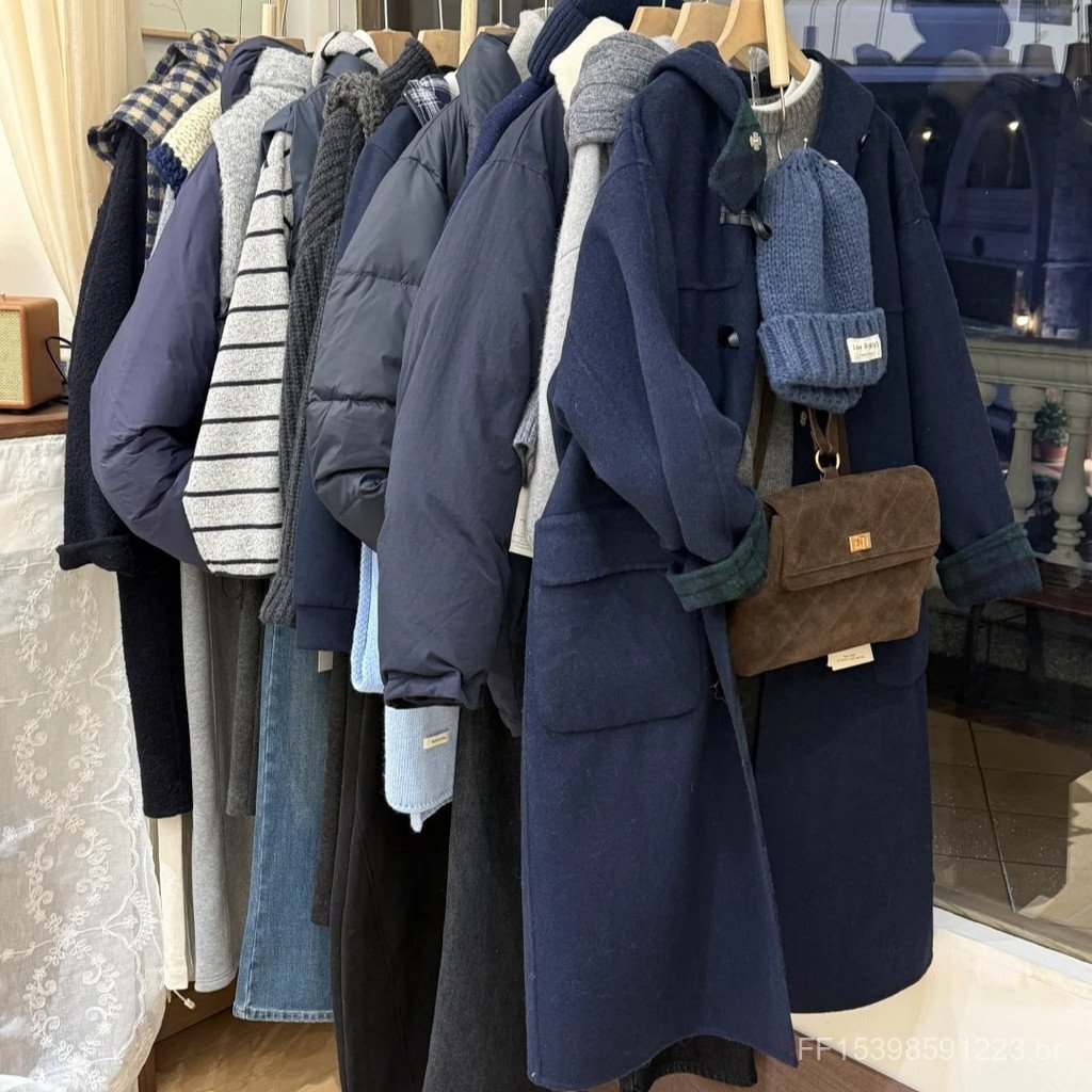 Japonês Retro azul com capuz chifre botão casaco feminino inverno comprimento médio solto casaco de lã roupas femininas.