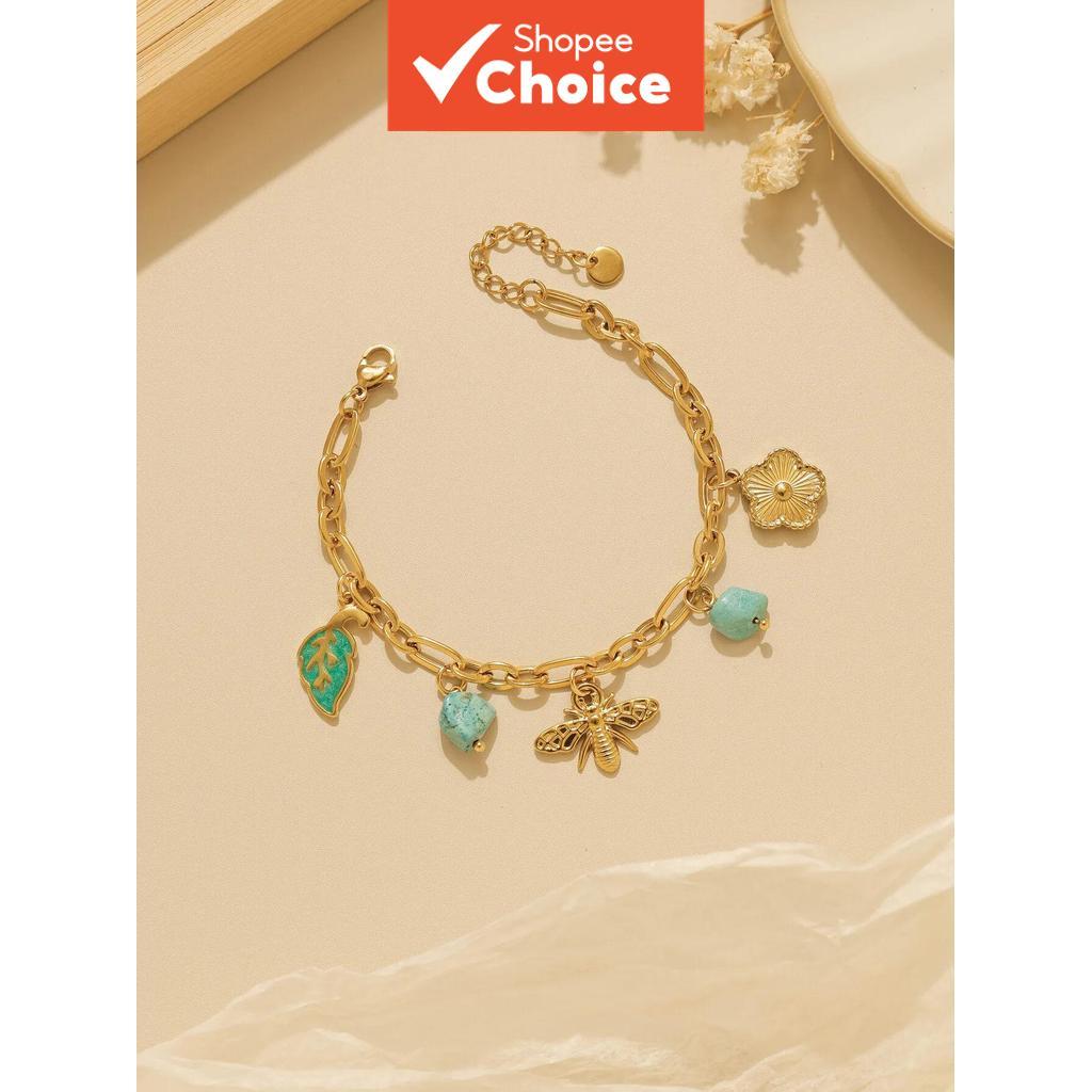 Pulseira de abelha vintage com flor esmaltada, pingente de folha, aço inoxidável, banhada a ouro, joia criativa para