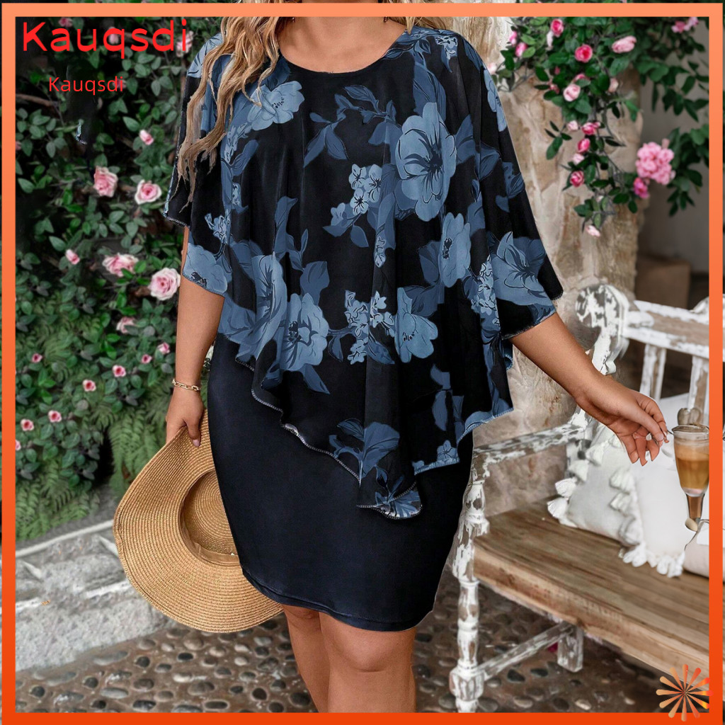 Elegant Plus Size Dress Loose Silhouette Summer Bodycon for Women Floral Chiffon Overlay Cape Mother of the Bride Formal