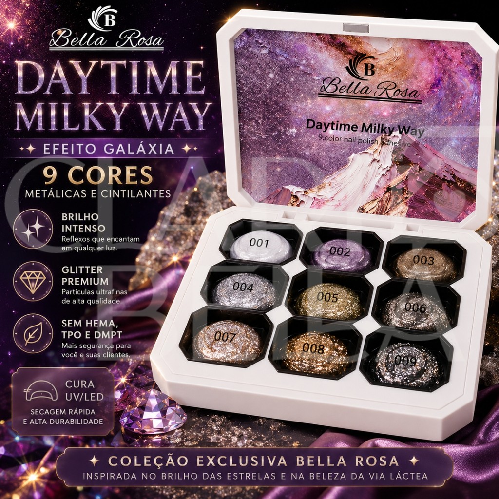 Estojo branco aberto contendo 9 potes de gel UV/LED da coleção Daytime Milky Way da Bella Rosa, com acabamentos metálicos e glitter, exibindo a paleta de cores numeradas de 001 a 009.