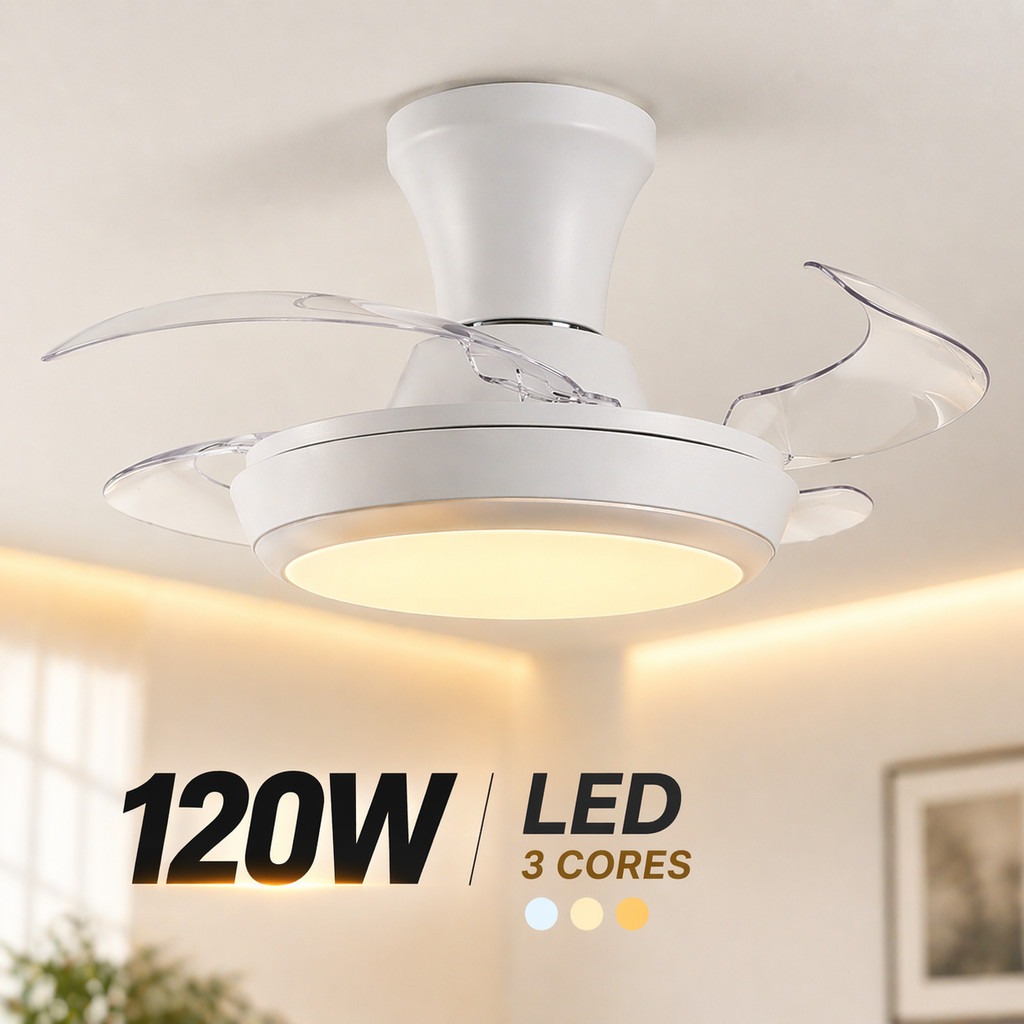 Ventilador De Teto LED 120W Retrátil 30W Luz 3 Cores Controle 2.4G 6 Velocidades Silencioso Bivolt