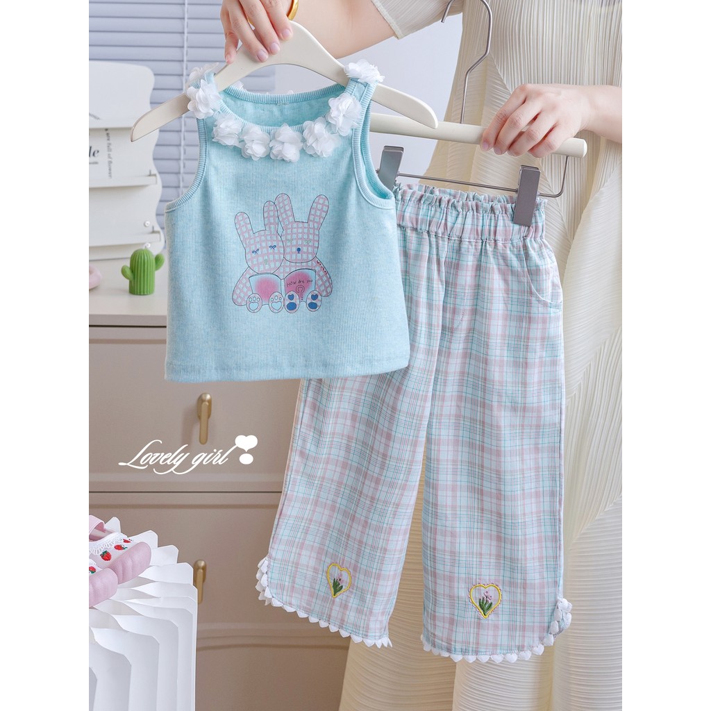 Meninas terno 2026 verão novos produtos crianças versão coreana dos desenhos animados impresso gola de renda camisola li