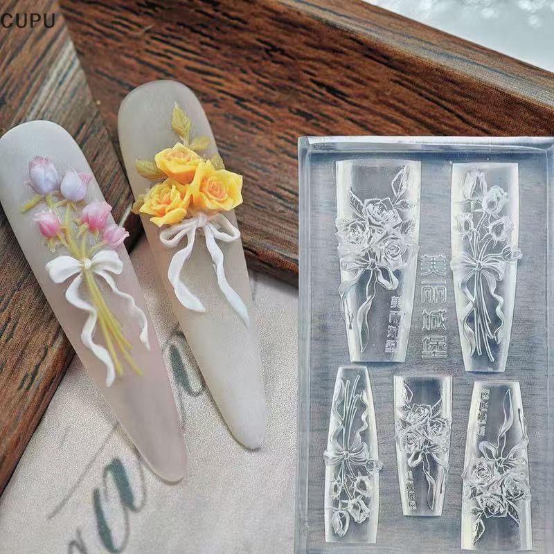 cu Flores Rosa Prego Silicone Alívio Forma Molde Da Arte Do 3D Decoração Acessórios Salão De Beleza Ferramenta Manicure