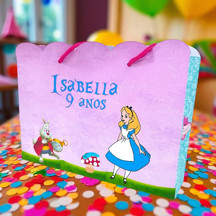 10 Sacolinhas Alice no Pais das Maravilhas Personalizadas Com Nome e Idade Para Festa