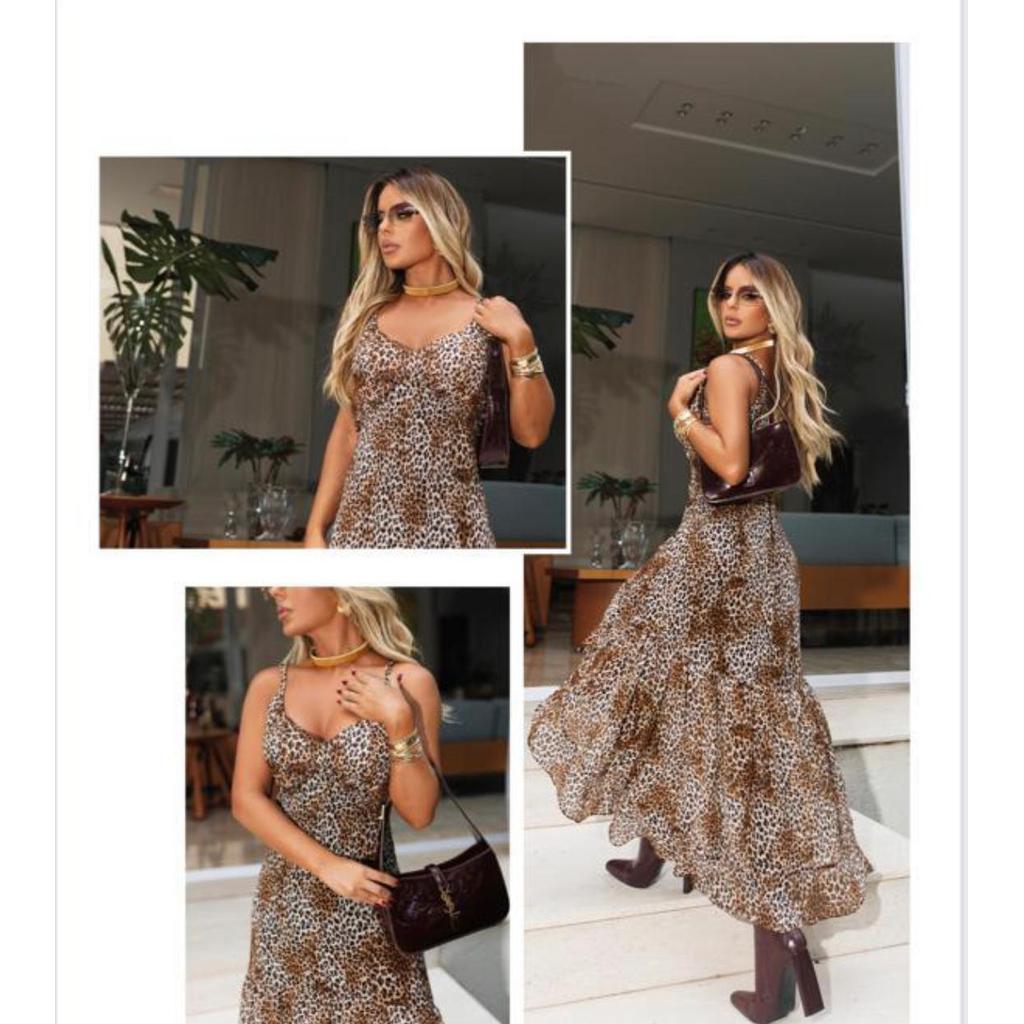 Vestido Mullet Crepe Chifon Estampa Onça
