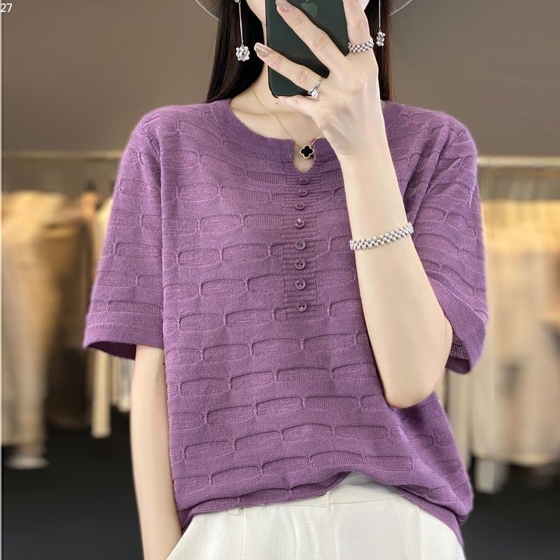 Nova Moda Feminina Topos De Malha Plus Size Feminino Verão Solto Casual Blusa Roxa Camisa De Manga Curta
