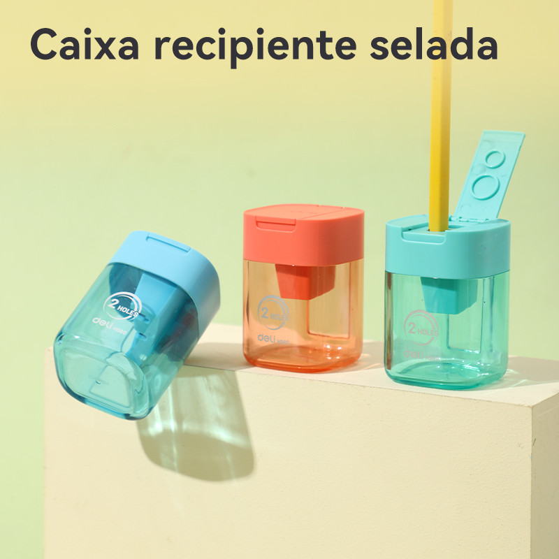 Kit Apontador de Lápis Deli com 3 Unidades Duplo Furo 6,9–11mm com Depósito e Tampa Flip Top · foto 2