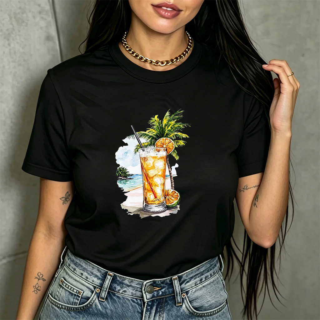 Camiseta Feminina Estampa Coquetel Tropical Moderna Confortável Estilosa Moda Feminina Verão