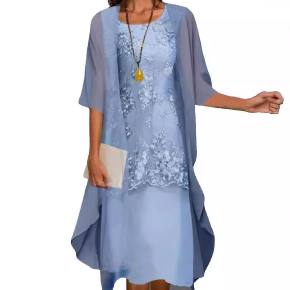 Venda quente estação independente venda quente primavera outono moda elegante renda Chiffon vestido conjunto de duas peç