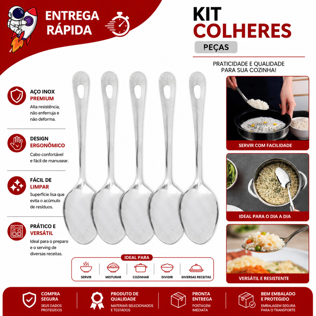 Kit 10 Colheres de Servir Arroz Inox Grande 25cm Ideal Para Cozinha Restaurante e Buffet