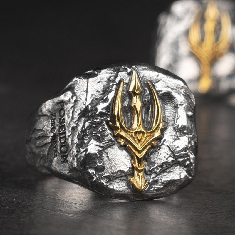 Anel Tridente da Ira de Gelo de Poseidon Joias de Prata Masculinas da Moda
