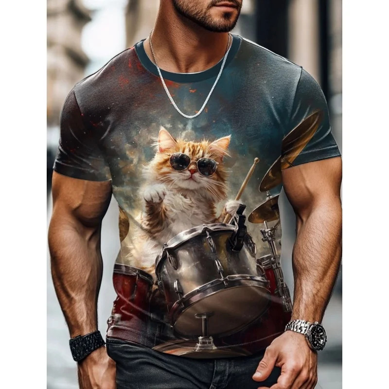 Legal Música Gato Tubarão Padrão T Camisa Para Homens Guitarra Skate 3D Impresso Camisetas Casuais Manga Curta O-Pescoço
