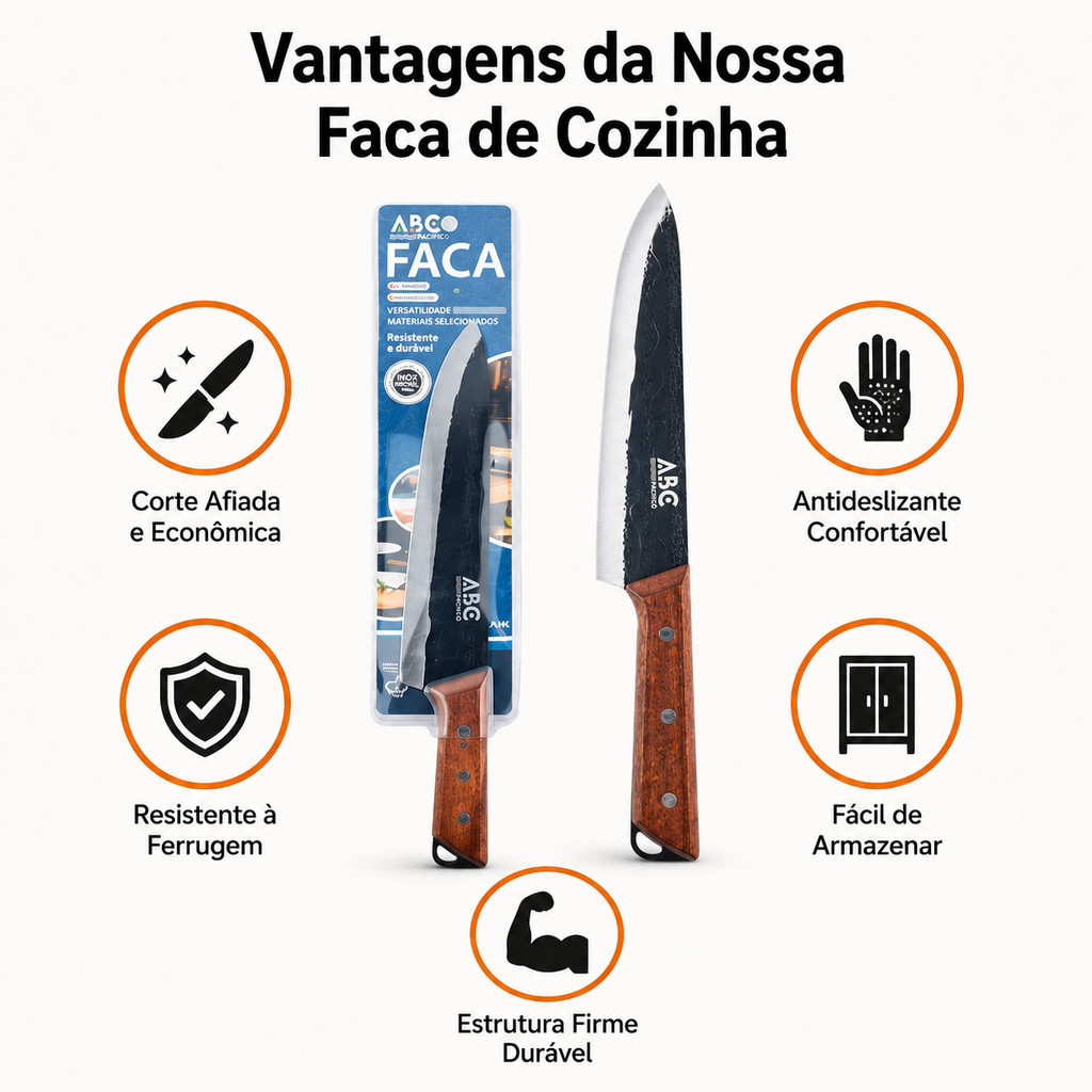 Kit 3 Facas ABC Cabo Inclinado Madeira Artesanal Aço Inox Churrasco Cozinha Profissional
