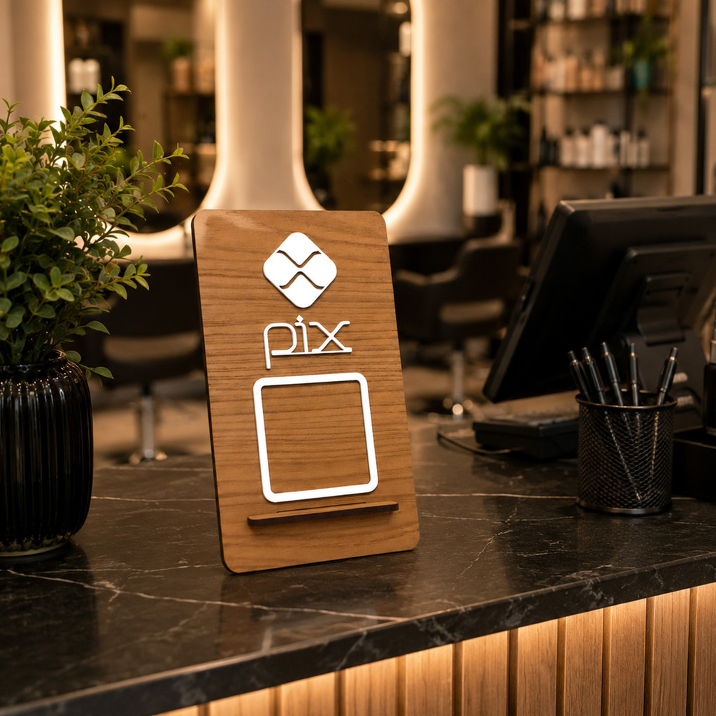 Placa Pix QR Code MDF Amadeirado Display