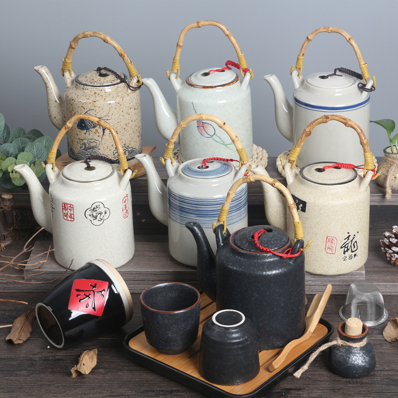 Conjunto de bule de cerâmica à moda antiga com malha de filtro chaleira de feixe grande única chaleira fria doméstica re