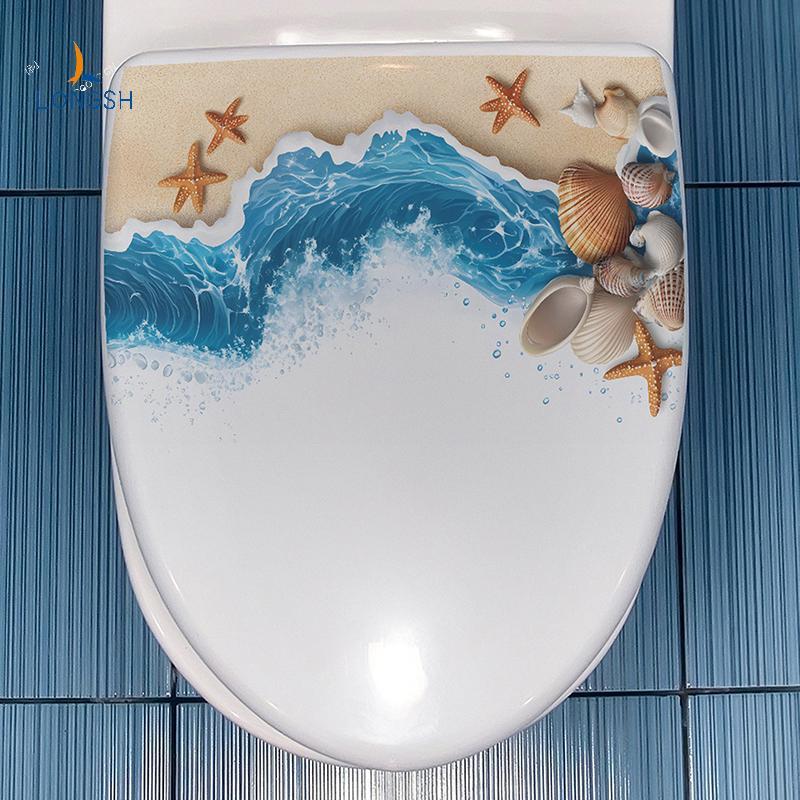 [LongSH] Assento Sanitário Para Banheiro Com Concha De Praia Azul , À Prova D'água , Autoadesivo , Decorativo , Parede ,