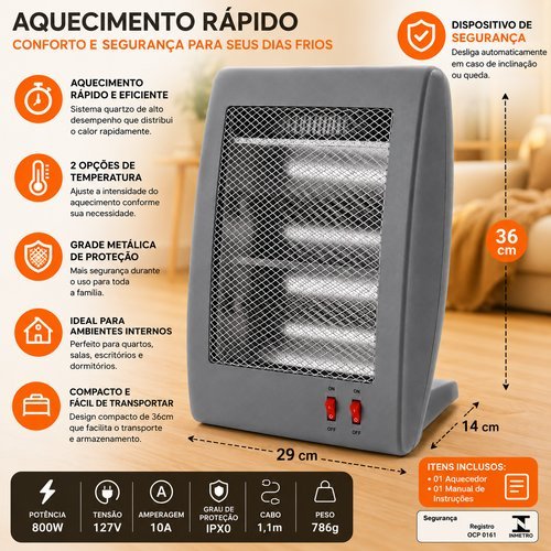 Aquecedor Elétrico Halógeno Portátil 2 Níveis Quartzo Infravermelho Econômico e Seguro